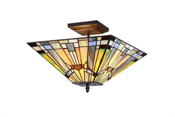 14" Vintage Style Mission Stained Glass Semi Flush Ceiling Uplight