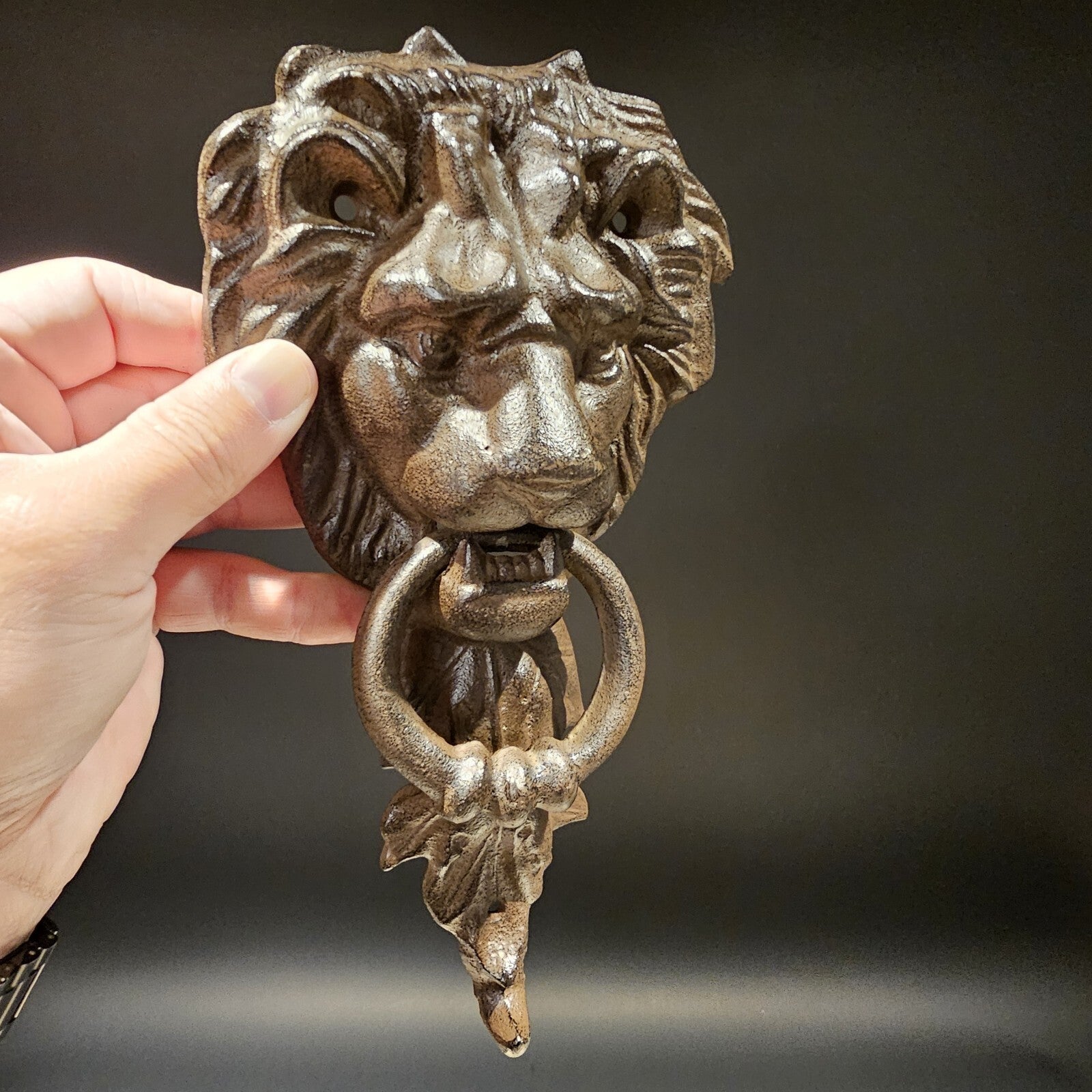 Antique Vintage Style Cast Iron Lion Door Knocker w Hook