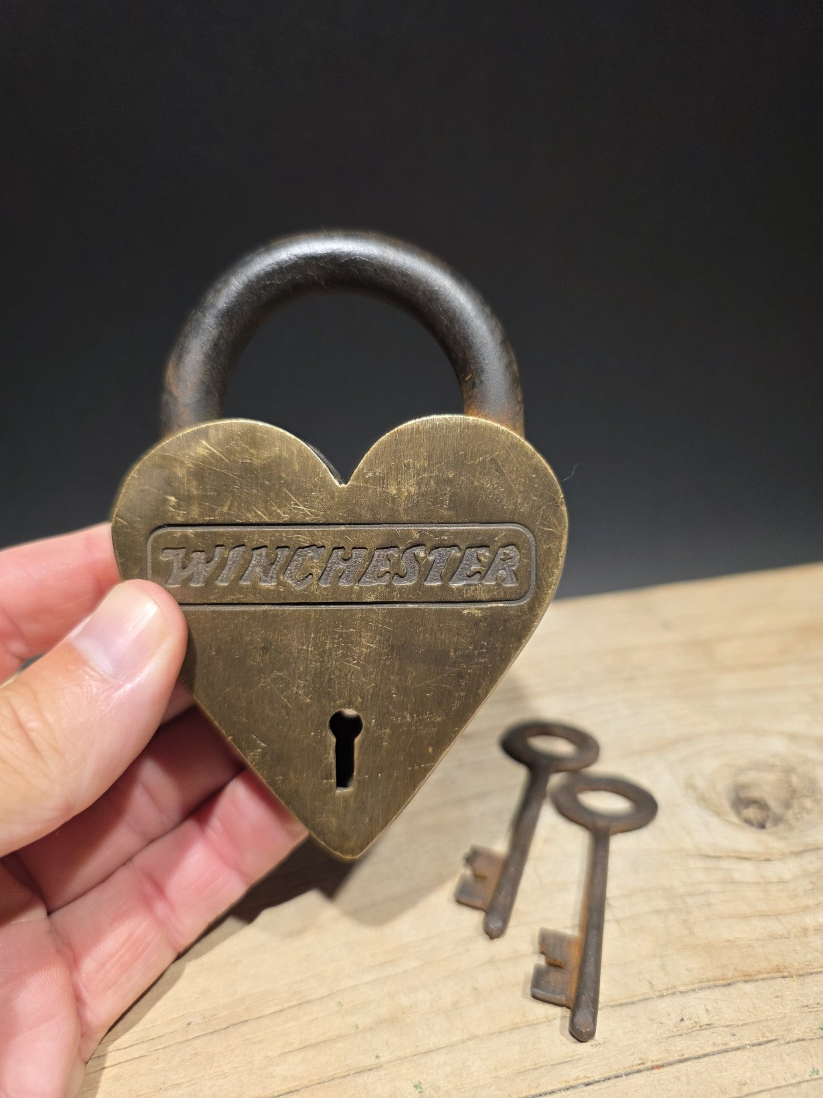 Antique Vintage Style Brass Heart Winchester Firearms Ammo Box Padlock Lock 