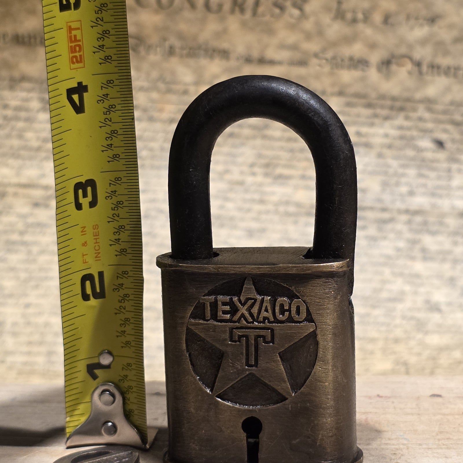 4" Antique Style Brass & Iron Texaco Padlock with Keys Oil Company Lock