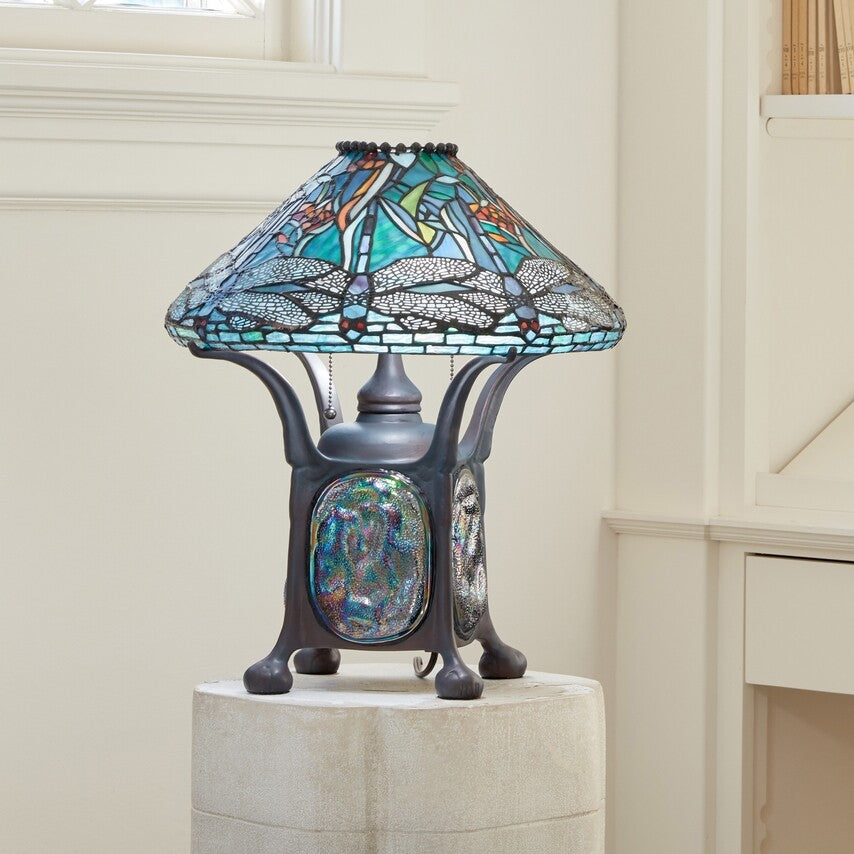 21.5" Blue Stained Glass Dragonfly Turtleback Table Lamp
