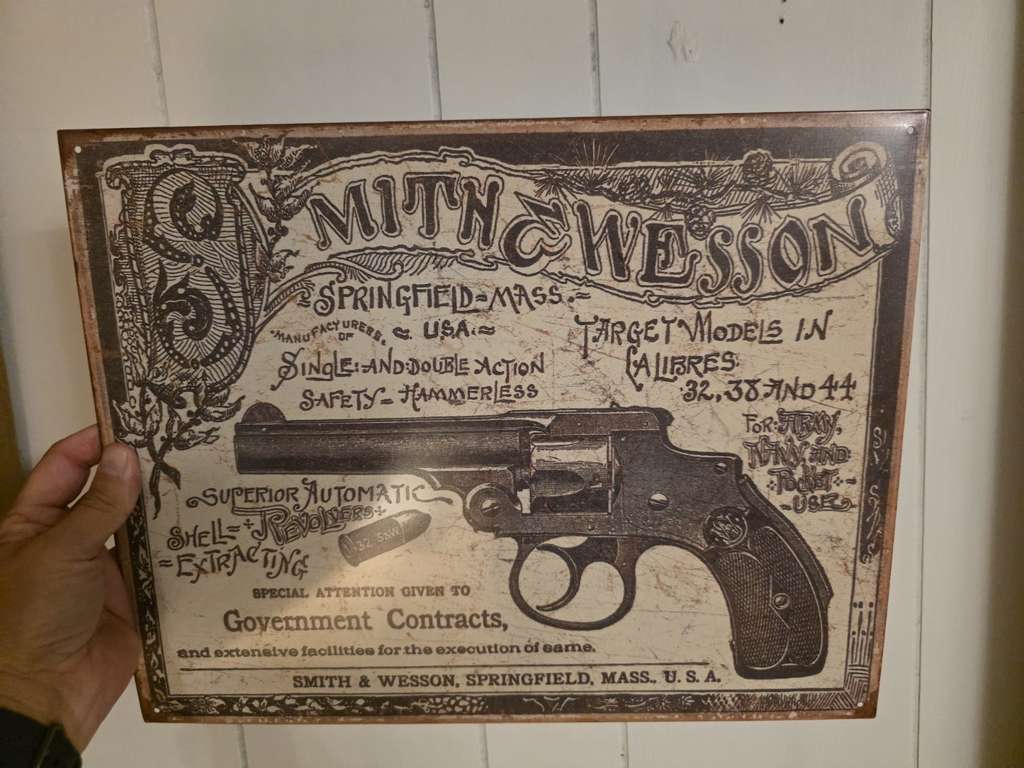 Vintage-Style Smith & Wesson Tin Sign – 1892 Revolver Advertisement