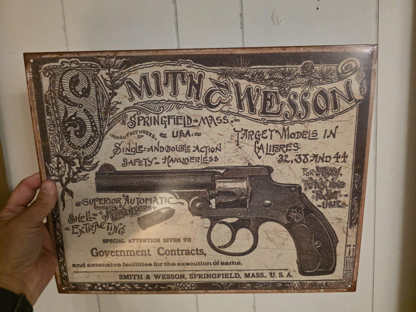 Vintage-Style Smith & Wesson Tin Sign – 1892 Revolver Advertisement