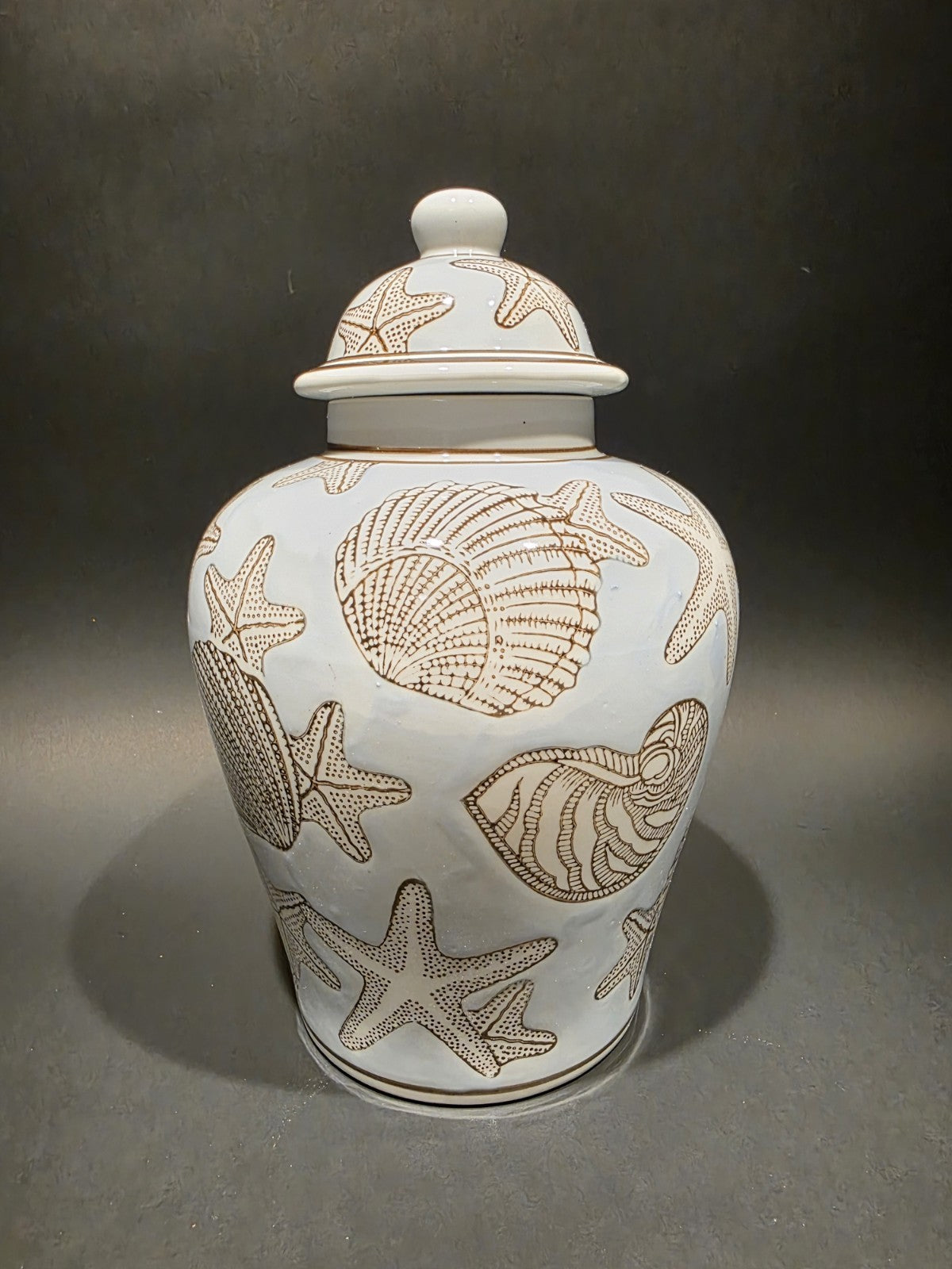 10" Vintage Style Sea Blue Ceramic Coastal Seashell Jar