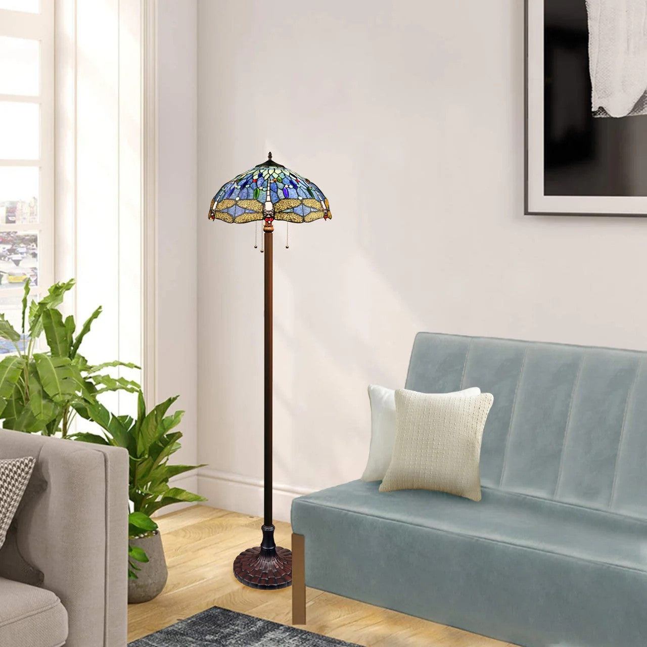 64.76" Antique Vintage Style Stained Glass Floor Lamp