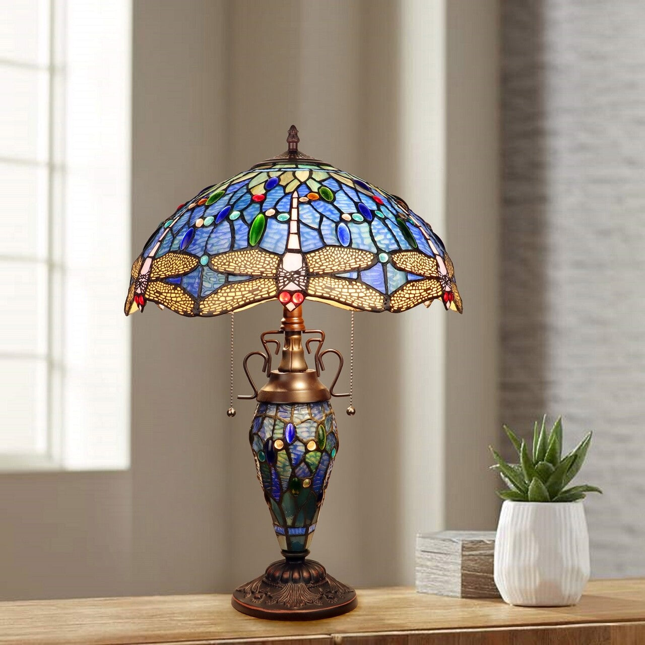 23" Antique Vintage Style Stained Glass Dragonfly Lighted Base Table Lamp