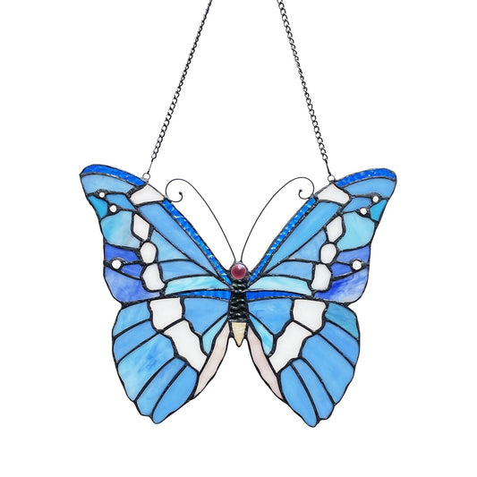 13 1/2" Blue Butterfly Stained Glass Window Hanging Panel Suncatcher