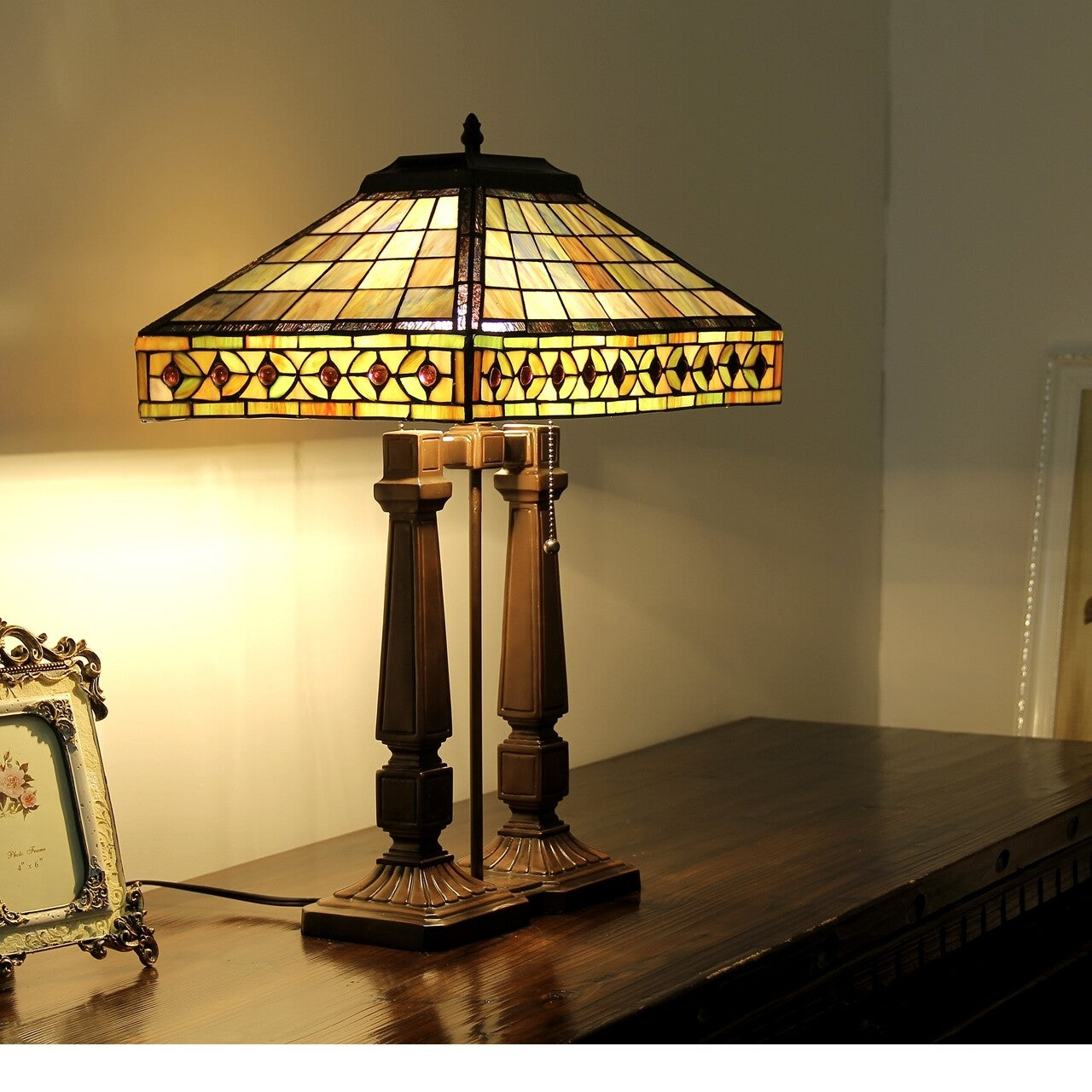 23.62" Antique Vintage Style Mission Stained Glass Table Desk Lamp
