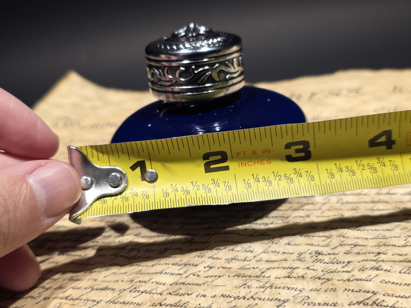 3" Cobalt Blue Ceramic Inkwell Inkpot With Silver Metal Screw Lid