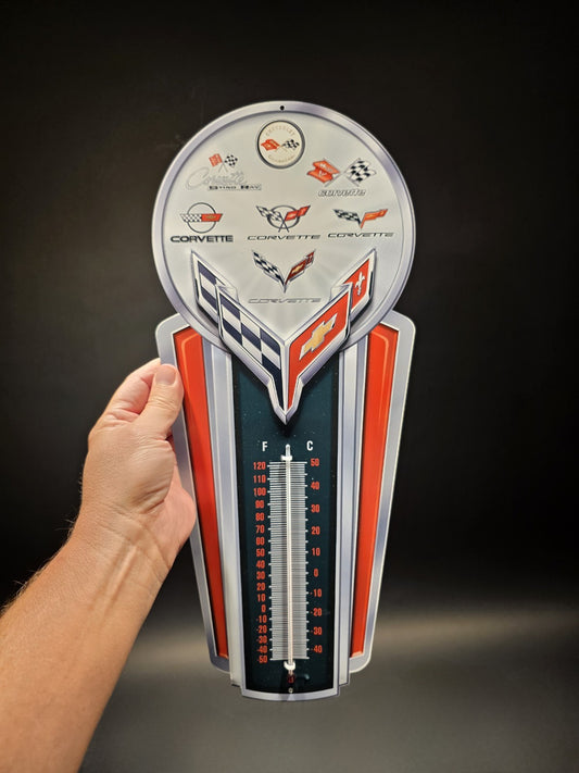 Vintage Style Metal Corvette Generations Wall Thermometer Garage Sign