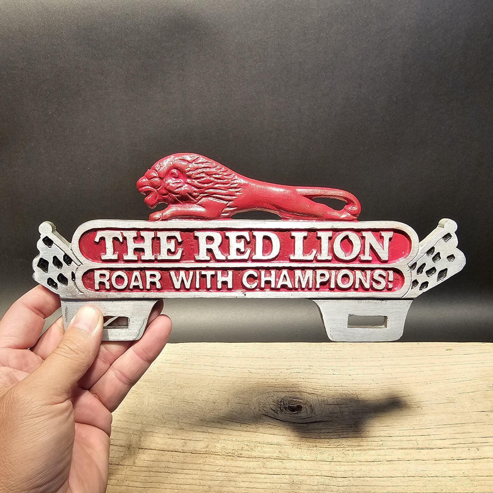 Antique Vintage Style Aluminum Red Lion License Plate Fob Topper