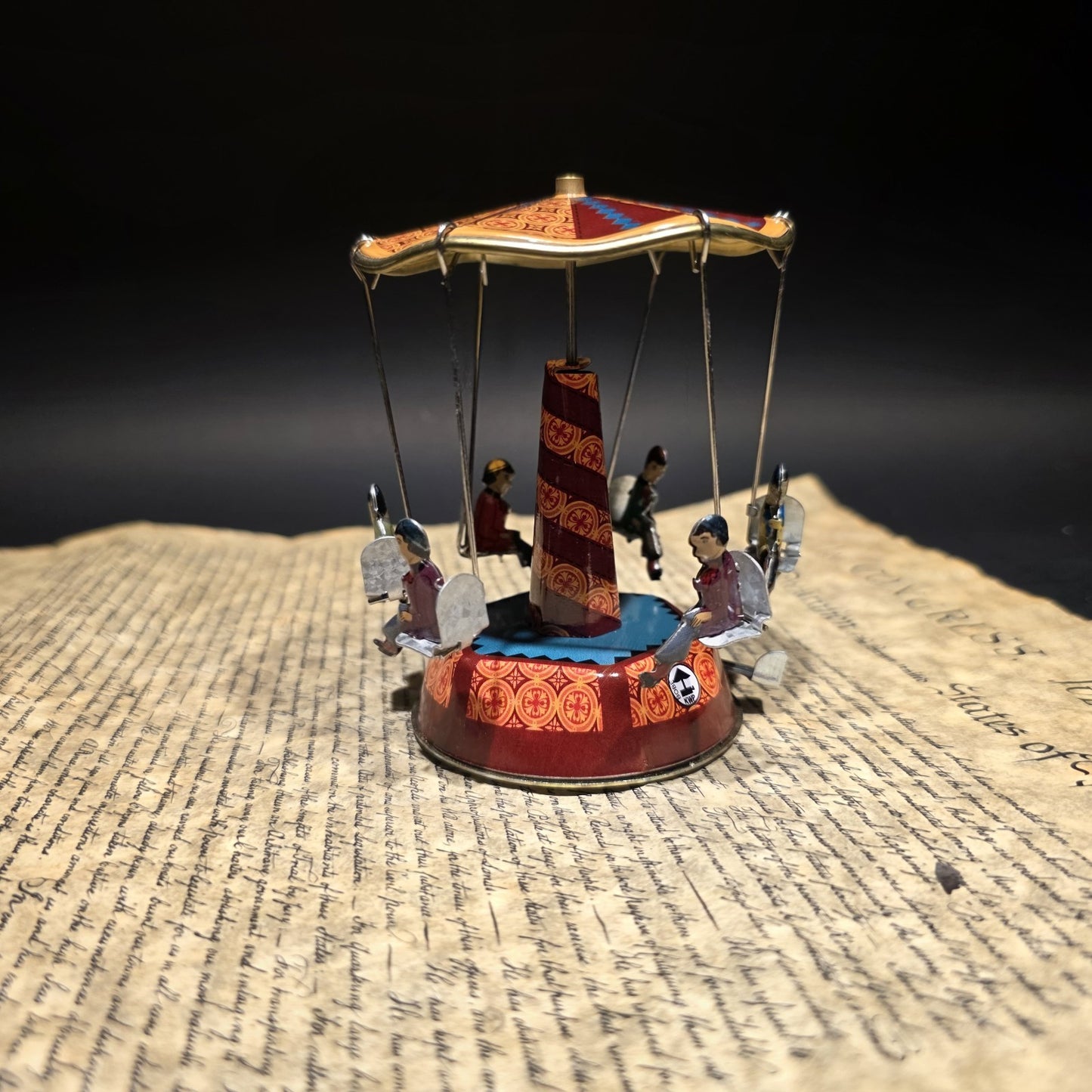 Vintage Style Tin Litho Carousel Swing Ride Wind-Up Amusement Park Toy