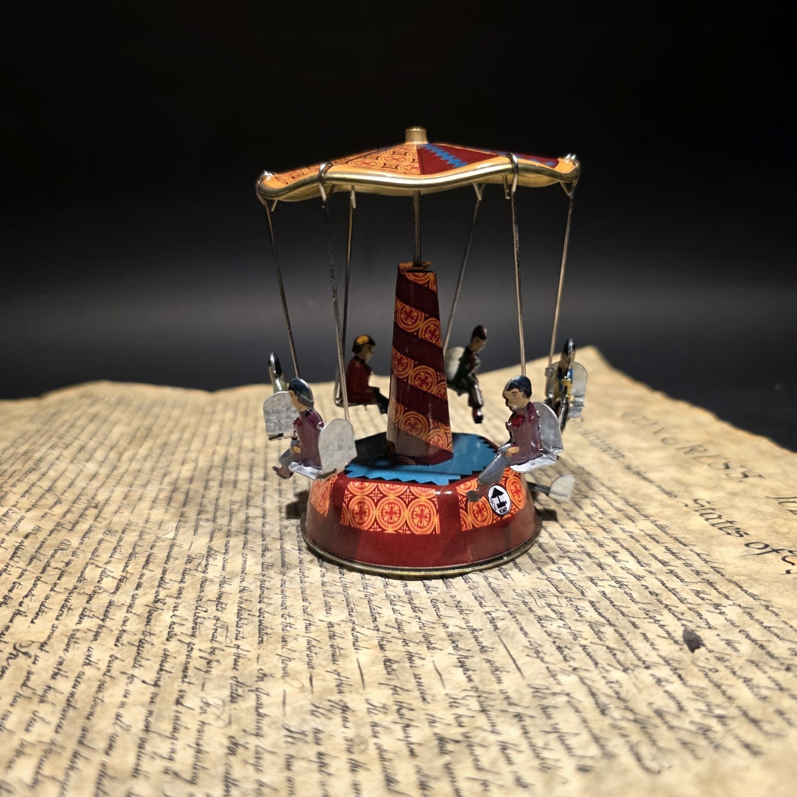 Vintage Style Tin Litho Carousel Swing Ride Wind-Up Amusement Park Toy