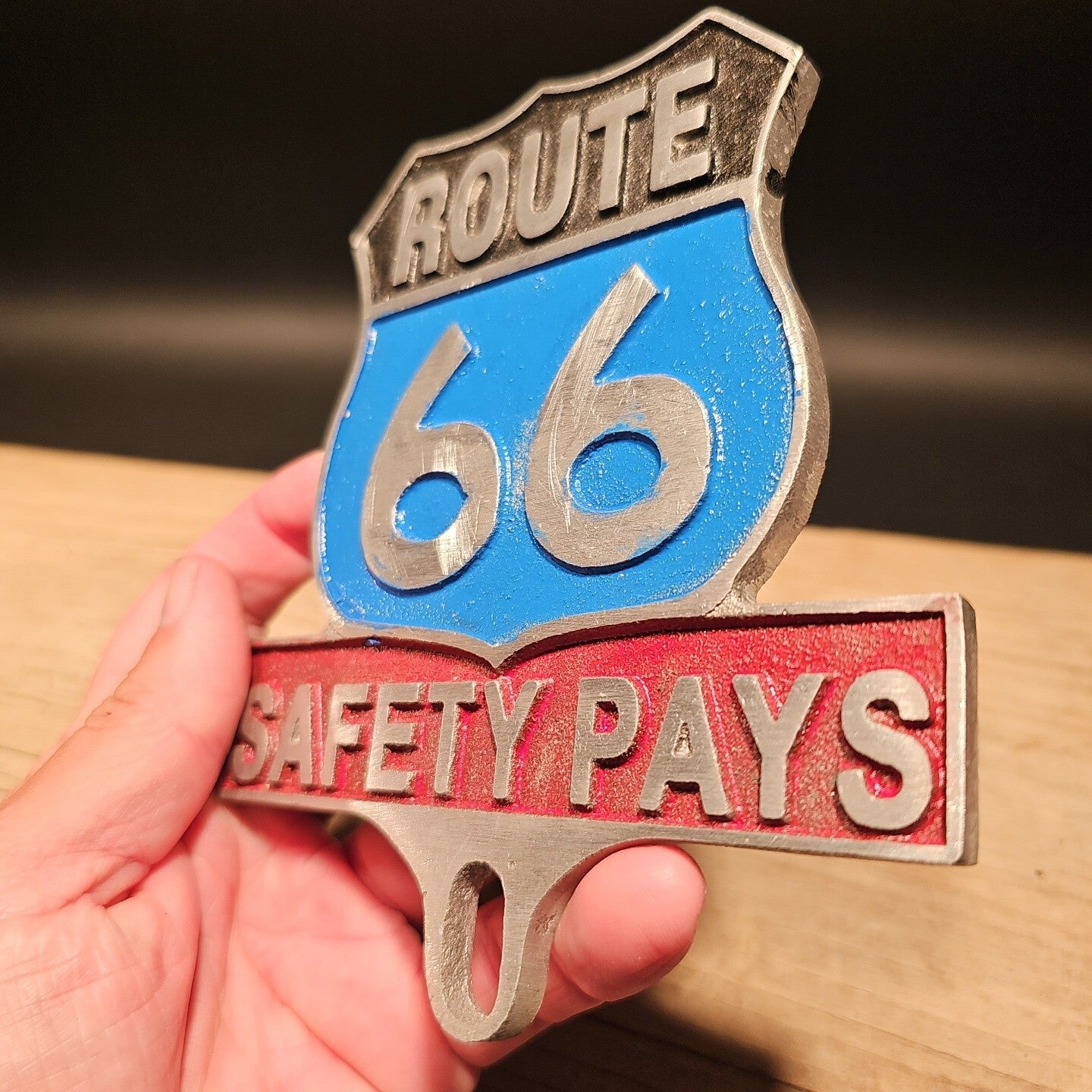 Antique Vintage Style Aluminum Route 66 Safety License Plate Fob Topper