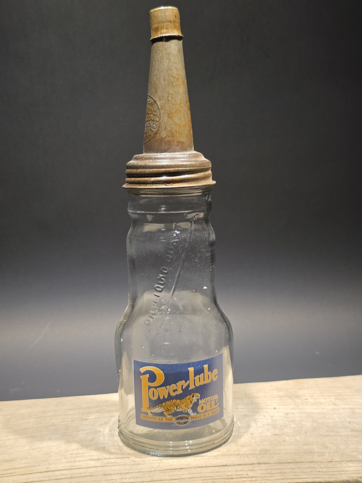 1930s Style Glass Power Lube Oil Bottle w Spout