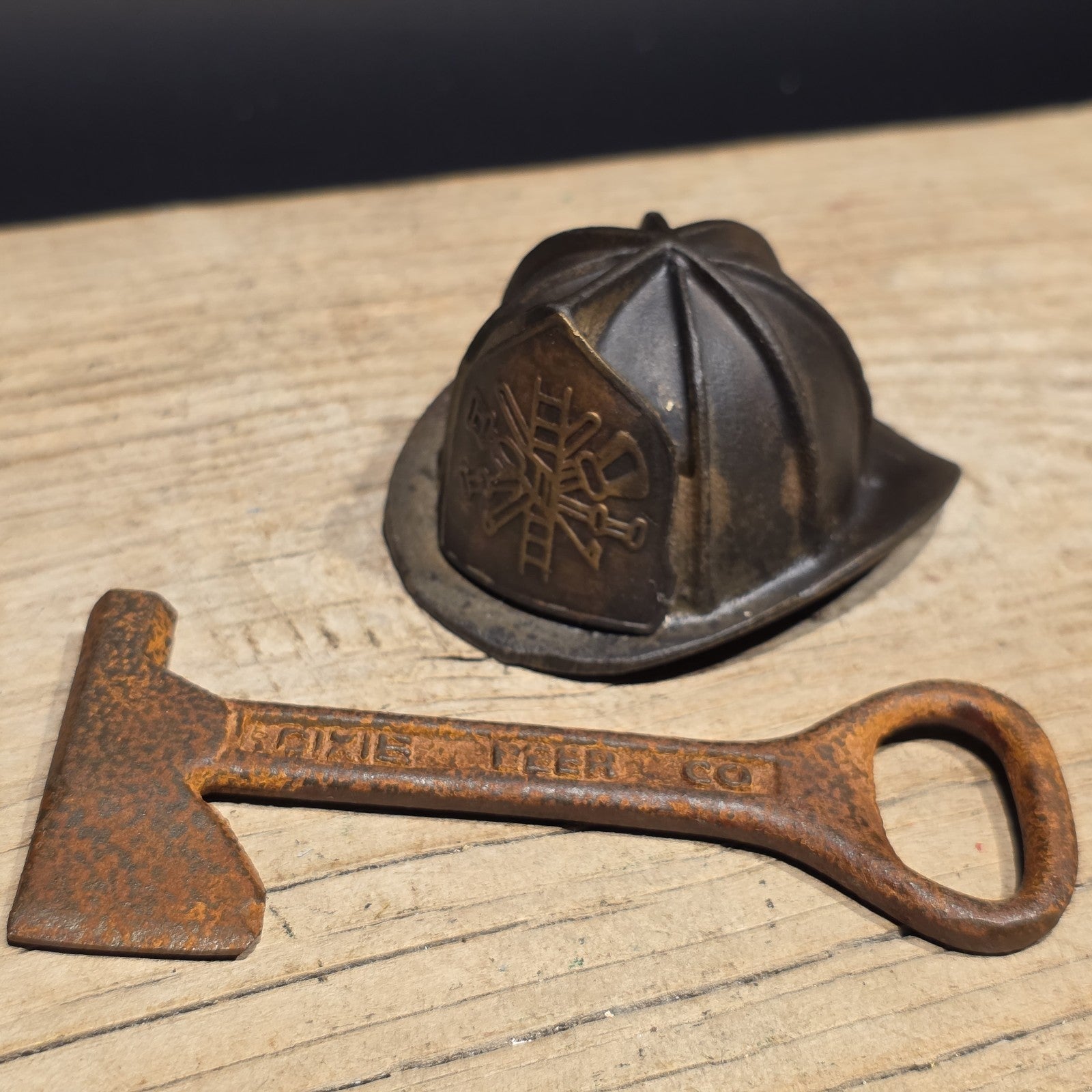 Mini Cast Iron Fireman Helmet, Dixie Beer Fire Axe Bottle Opener Lot