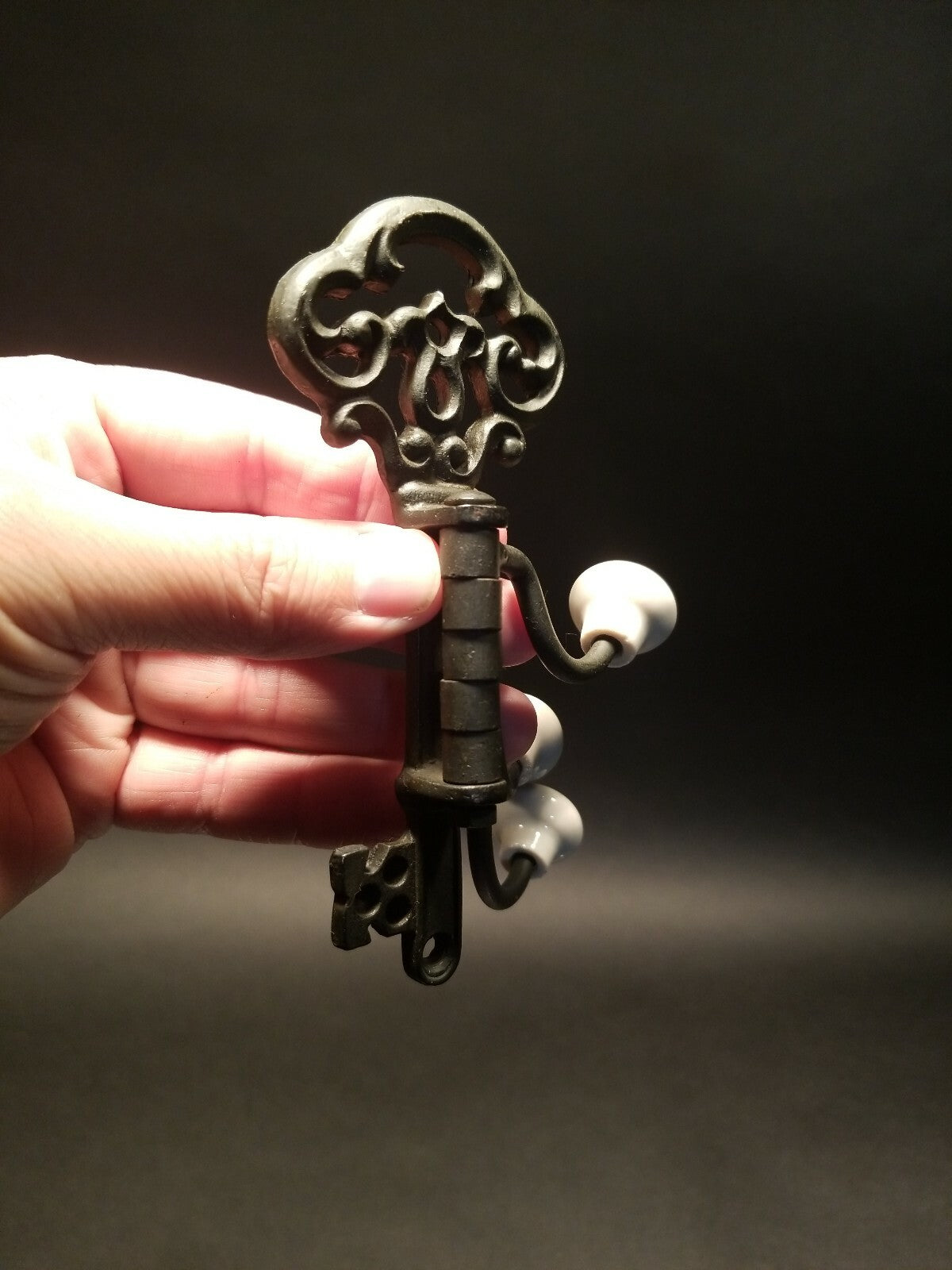 Antique Vintage Style Cast Iron Key Swivel Hook W Porcelain Knobs