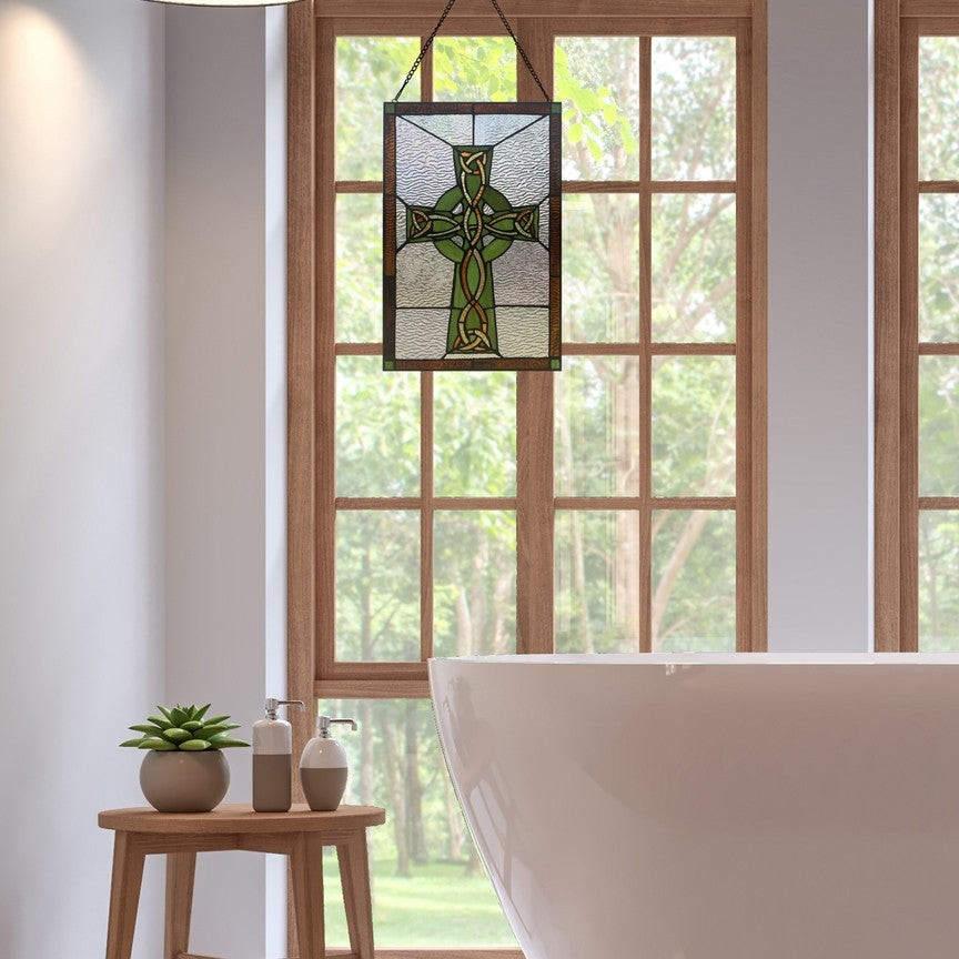 18"H Celtic Cross Stained Glass Window Panel