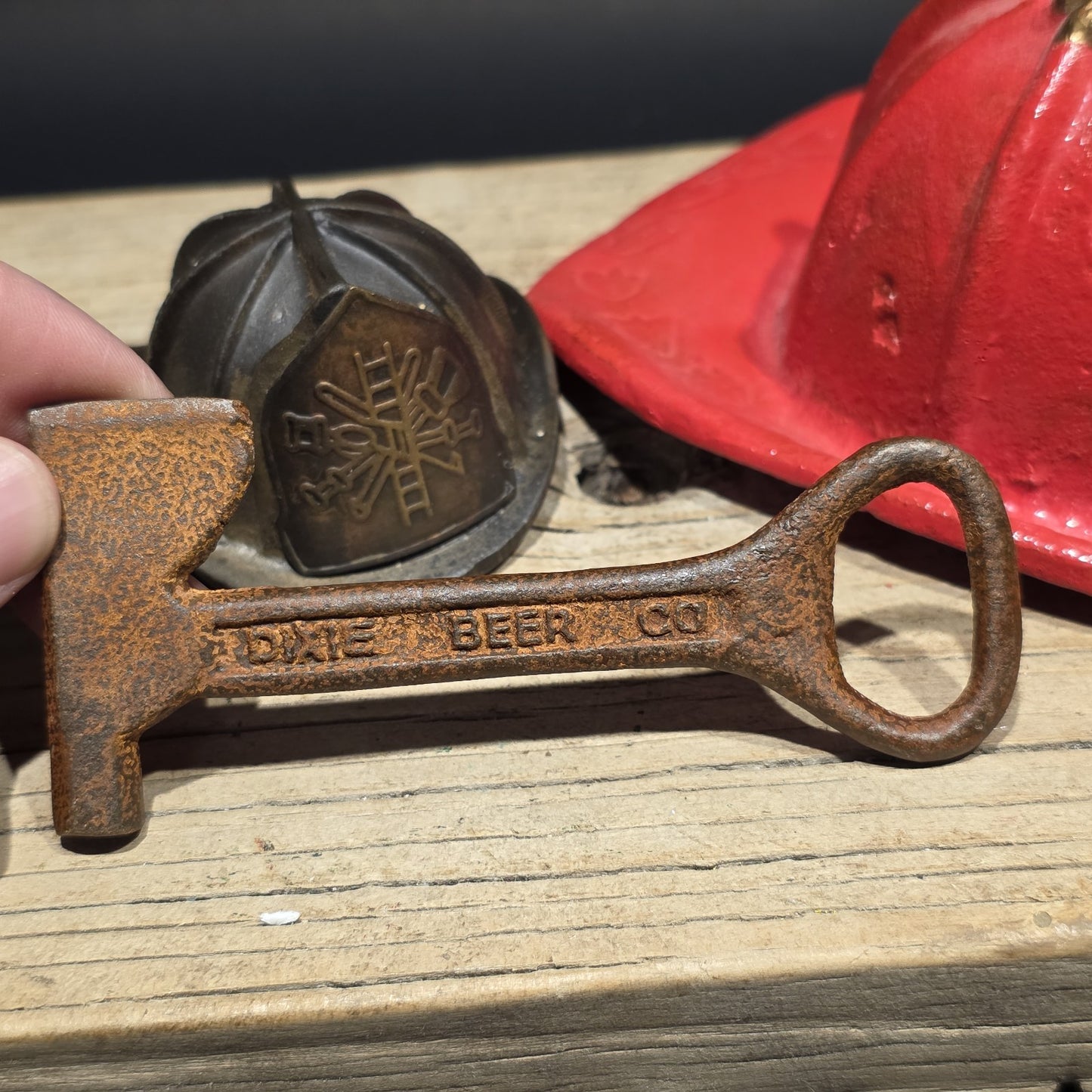 Mini Cast Iron Texaco Fire Chief Helmet Dixie Beer Axe Bottle Opener Lot