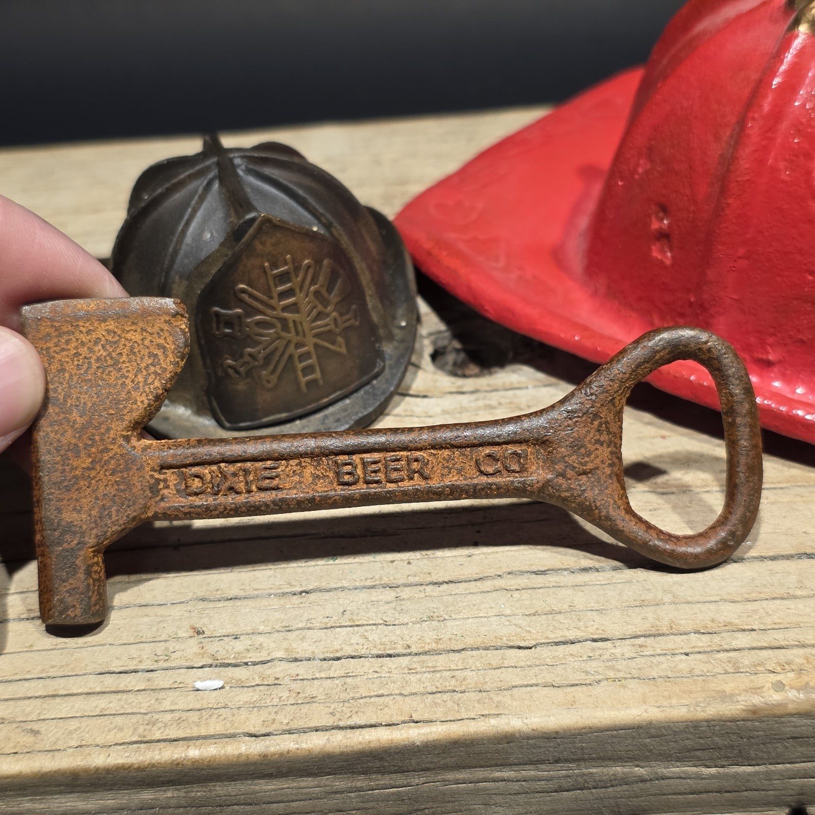 Mini Cast Iron Texaco Fire Chief Helmet Dixie Beer Axe Bottle Opener Lot