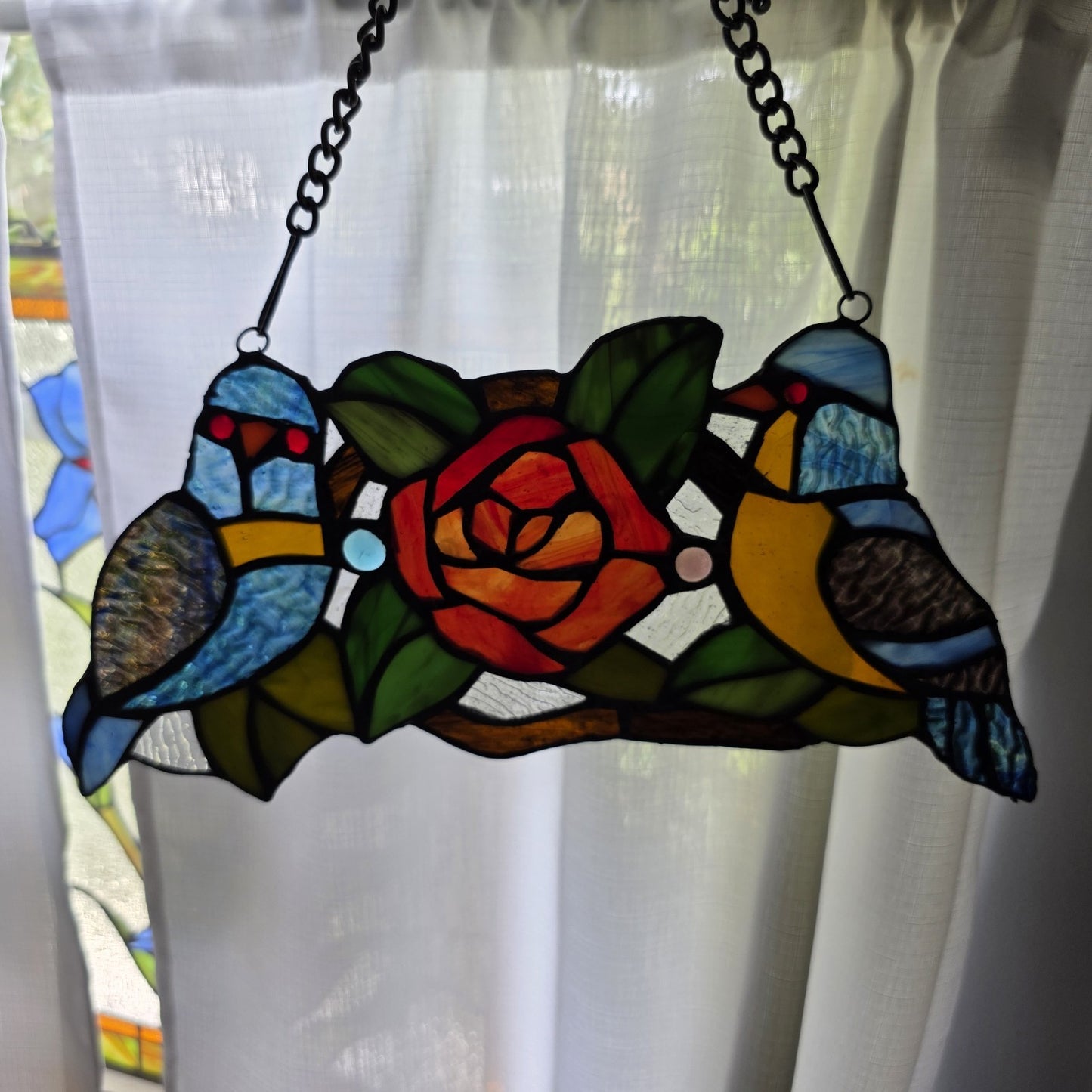 Tiffany Style Stained Glass Birds Panel – Rose Floral Suncatcher