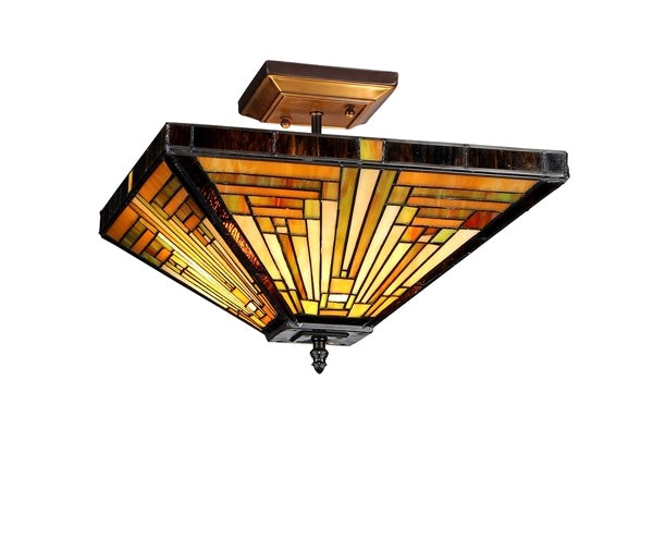 14" Vintage Style Mission Stained Glass Semi Flush Ceiling Uplight