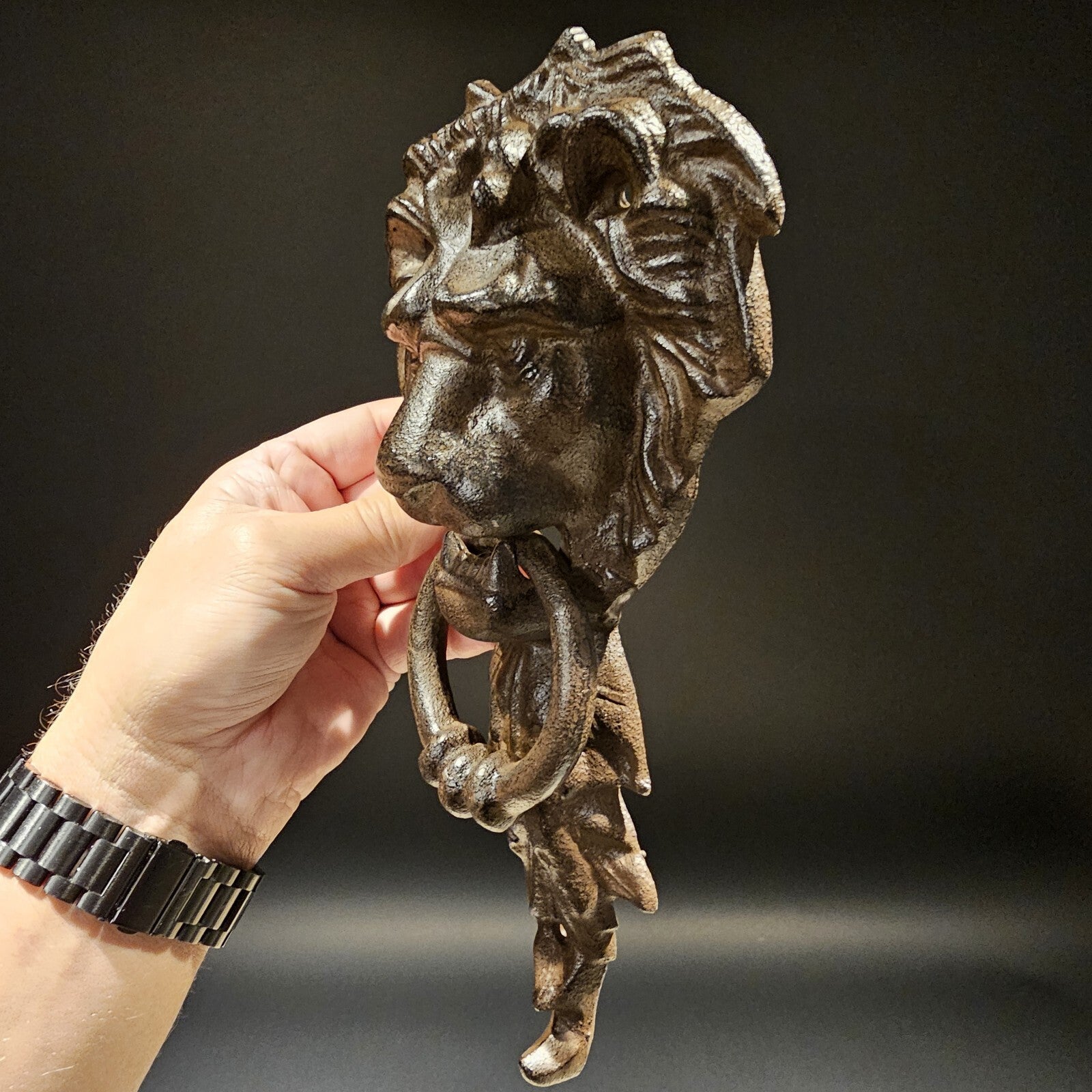 Antique Vintage Style Cast Iron Lion Door Knocker w Hook