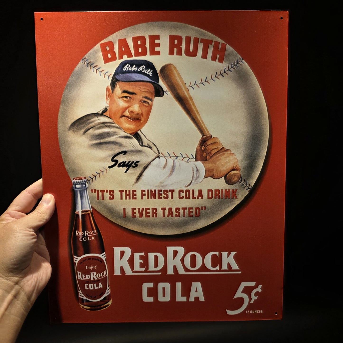 16" Vintage Style Babe Ruth Baseball Red Rock Cola Advertising Sign