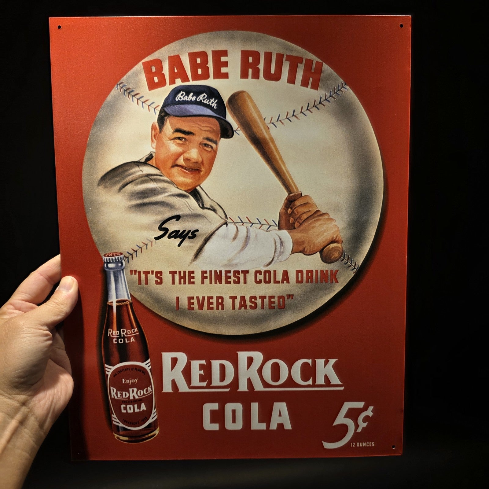 16" Vintage Style Babe Ruth Baseball Red Rock Cola Advertising Sign