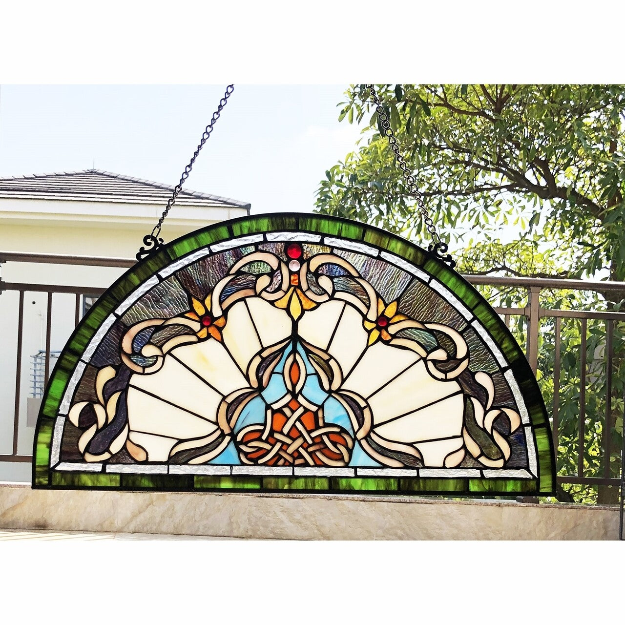 24" Half Circle Stained Glass Window Hanging Panel Suncatcher