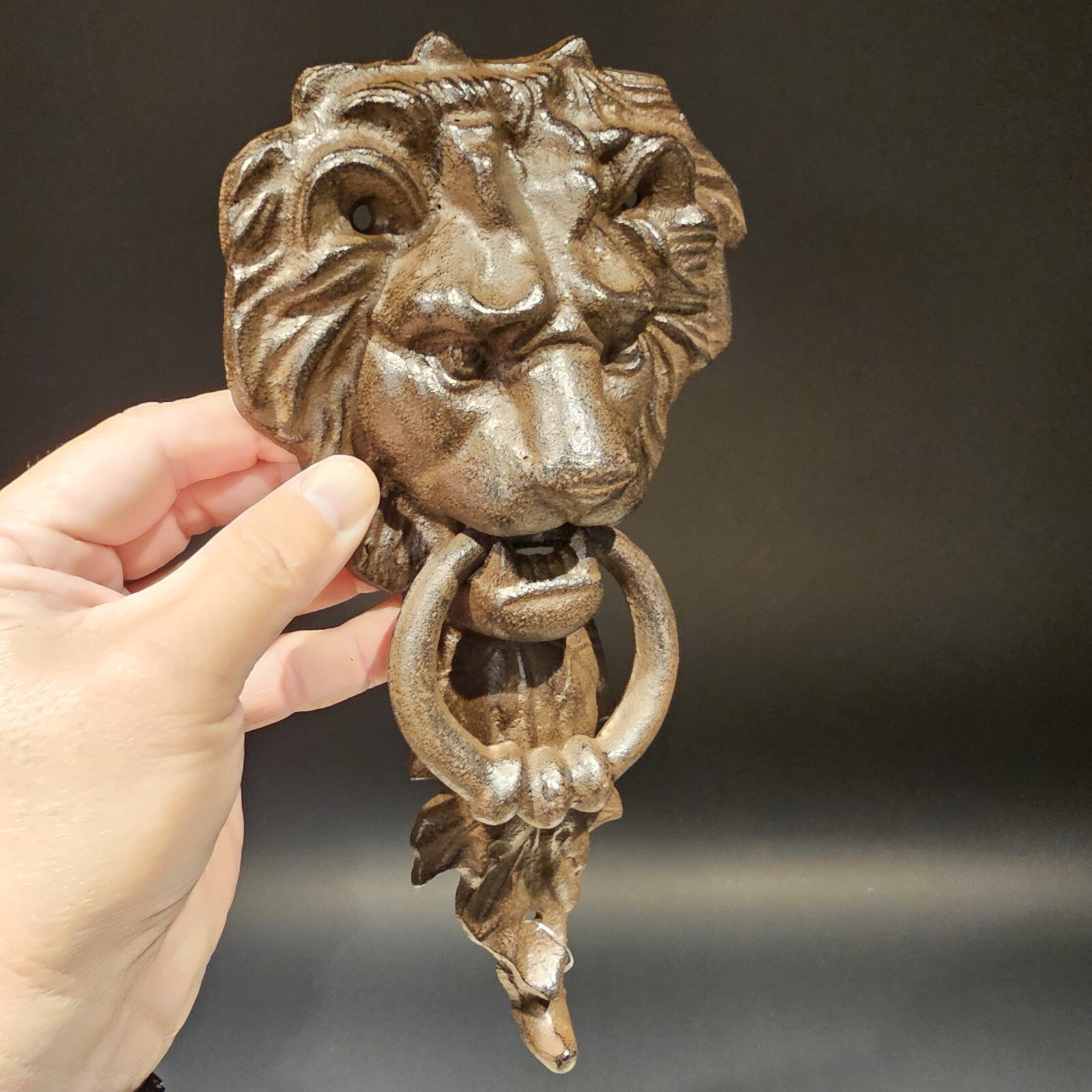 Antique Vintage Style Cast Iron Lion Door Knocker w Hook