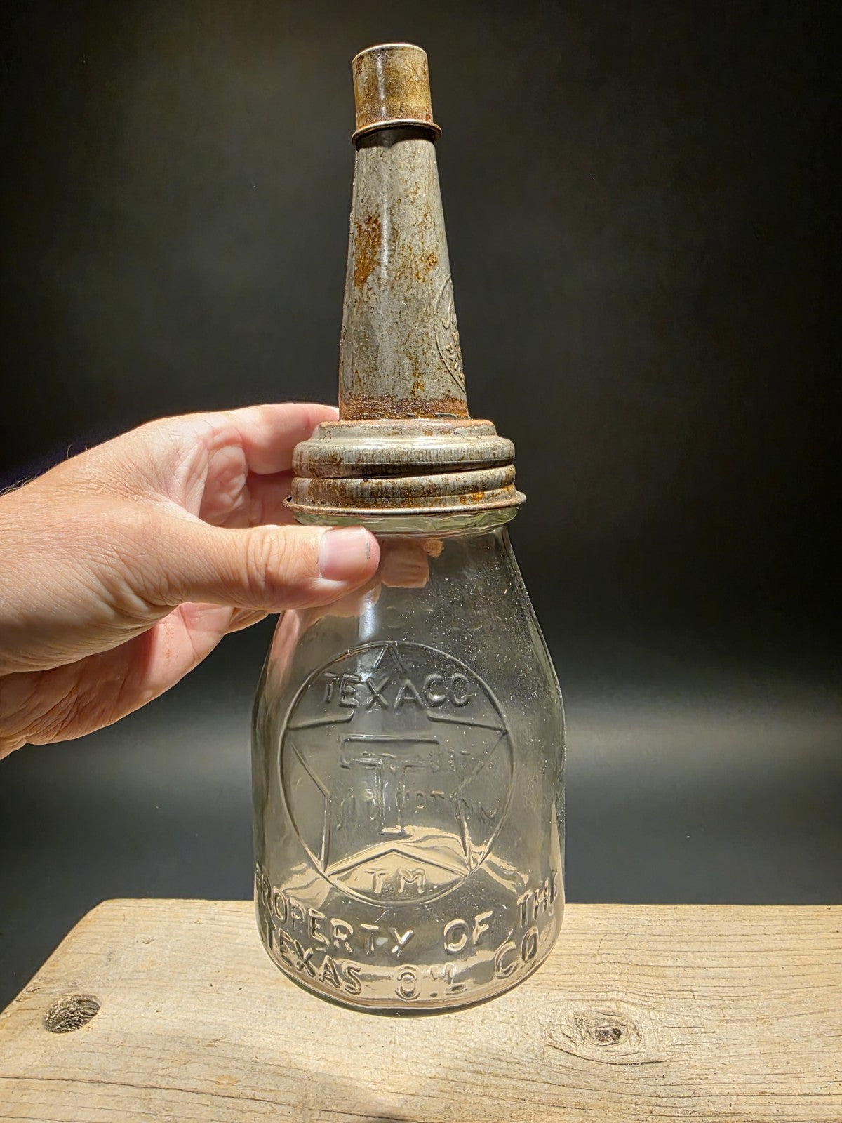 11" Vintage Style Glass Texaco Oil Bottle w Spout