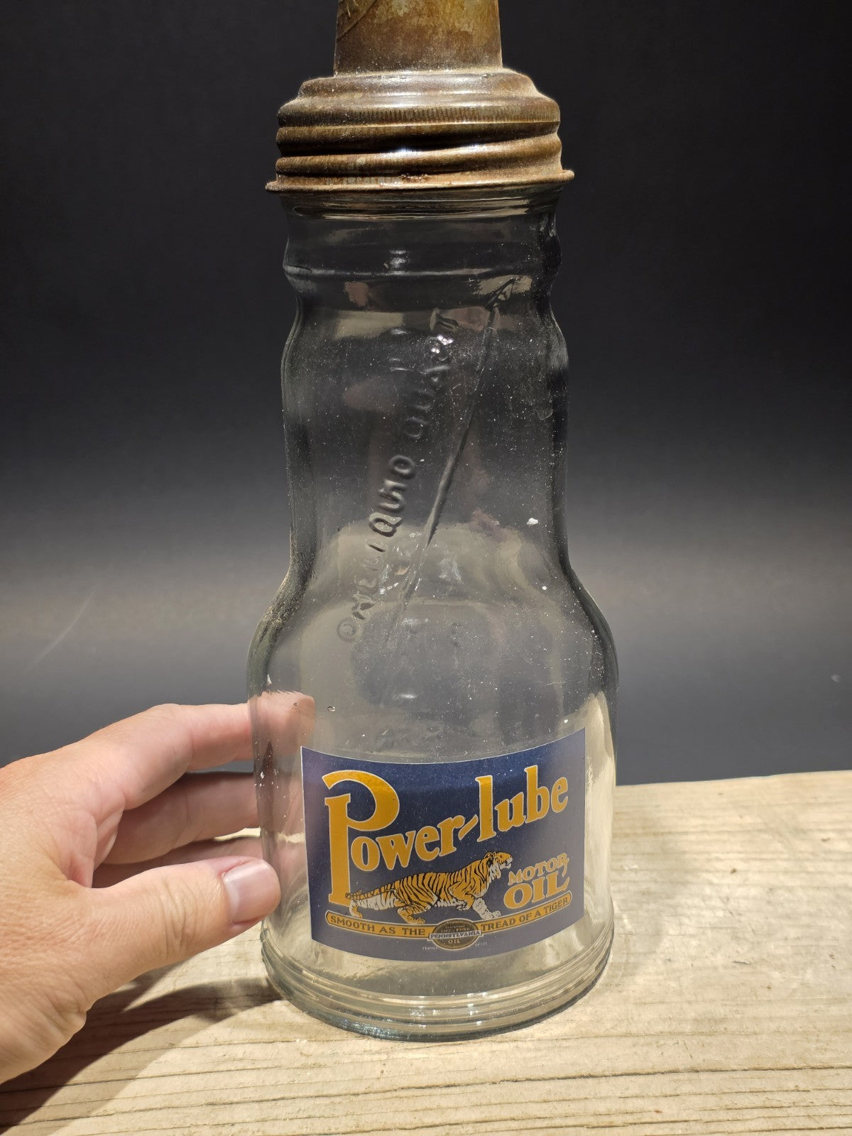 1930s Style Glass Power Lube Oil Bottle w Spout