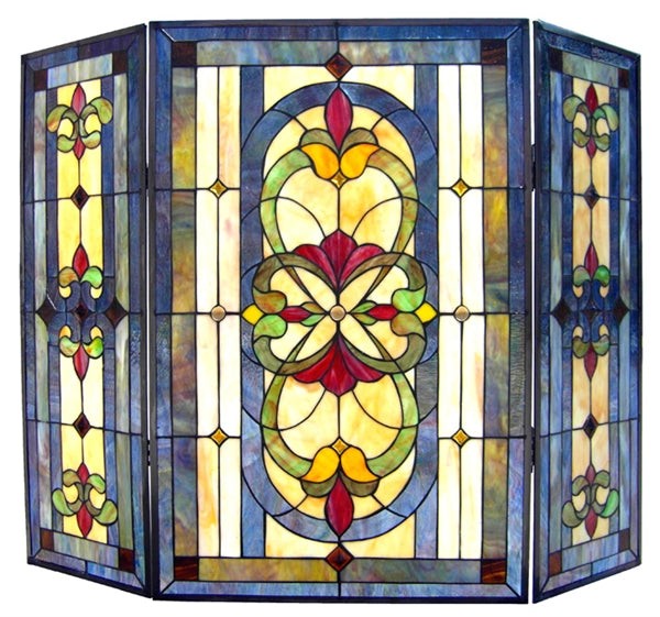 40" Folding Stained Glass Fireplace Screen