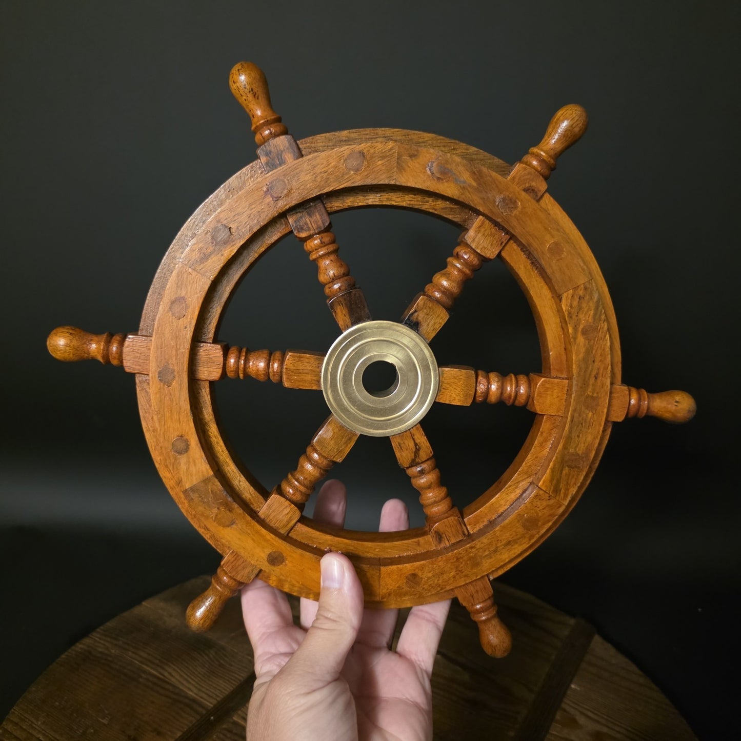 Wood Ship Wheel – Nautical Boat Helm Wall Decor Brass Center Hub