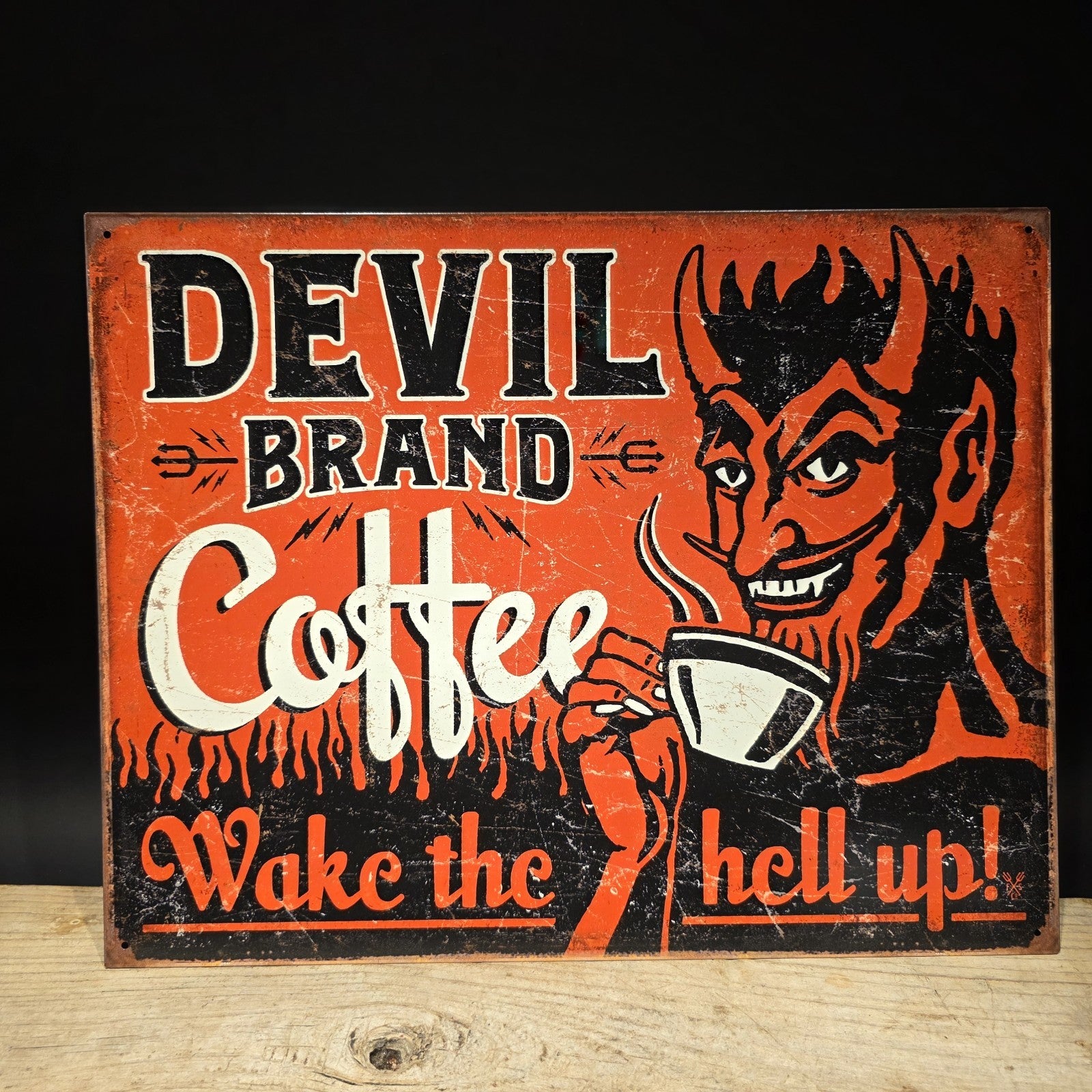 Devil Brand Coffee Tin Sign – Wake the Hell Up 