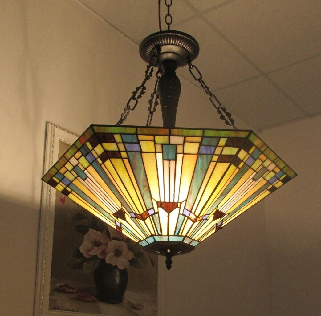 24.4" 3 Light Stained Glass Hanging Inverted Pendant Ceiling Uplight
