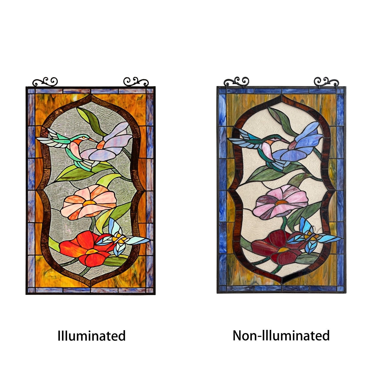 32.68" Tiffany Style Stained Glass Window Panel Poppy & Hummingbird