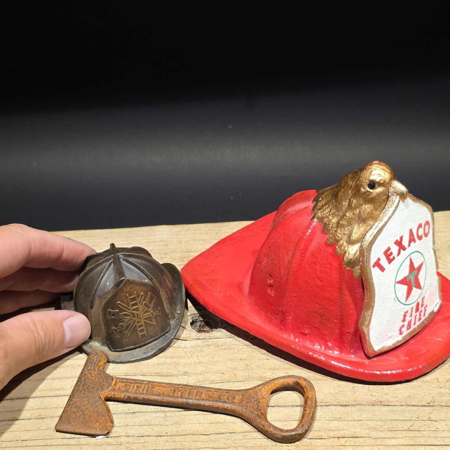 Mini Cast Iron Texaco Fire Chief Helmet Dixie Beer Axe Bottle Opener Lot