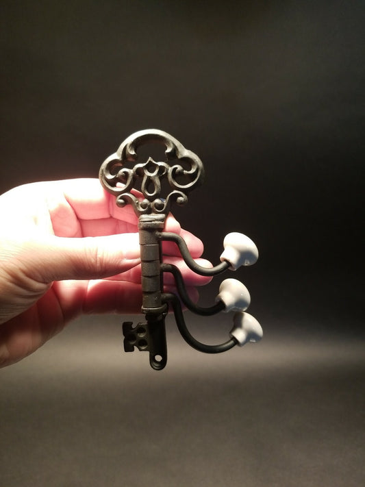 Antique Vintage Style Cast Iron Key Swivel Hook W Porcelain Knobs