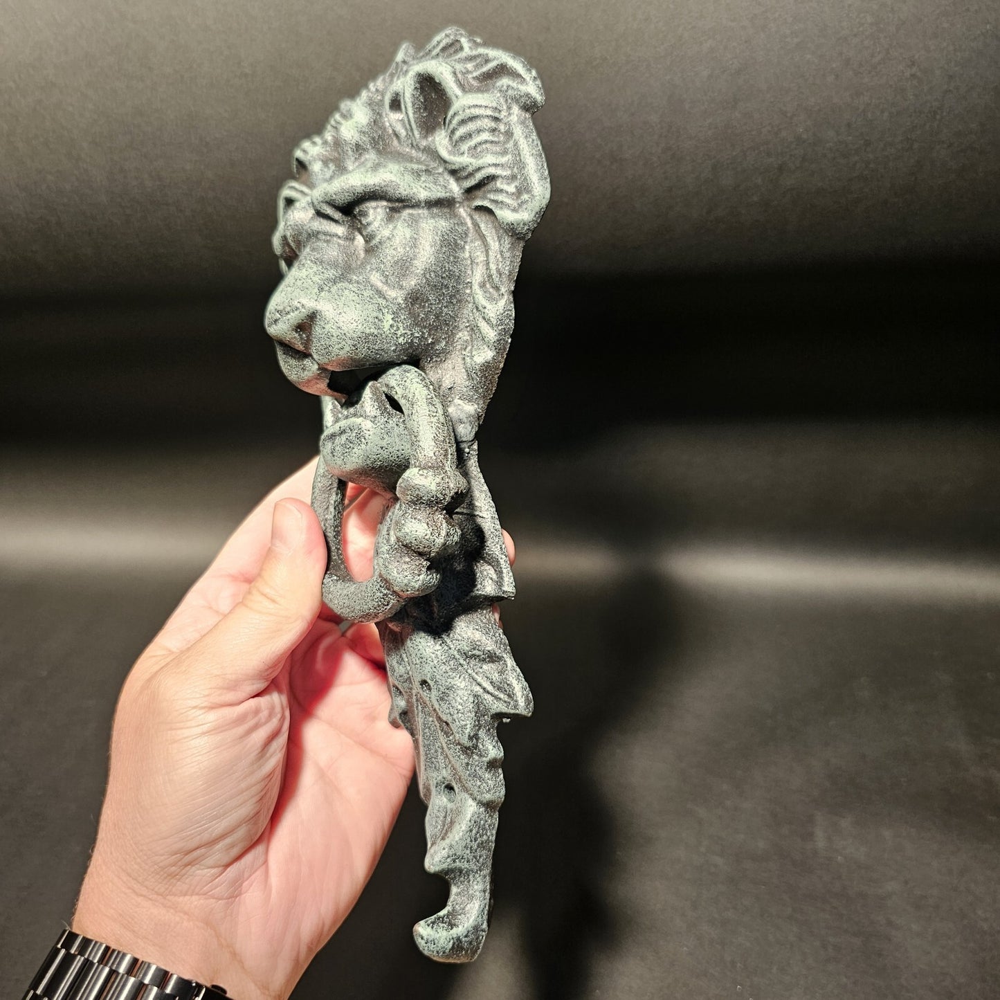 Antique Vintage Style Cast Verdi Green Iron Lion Door Knocker w Hook