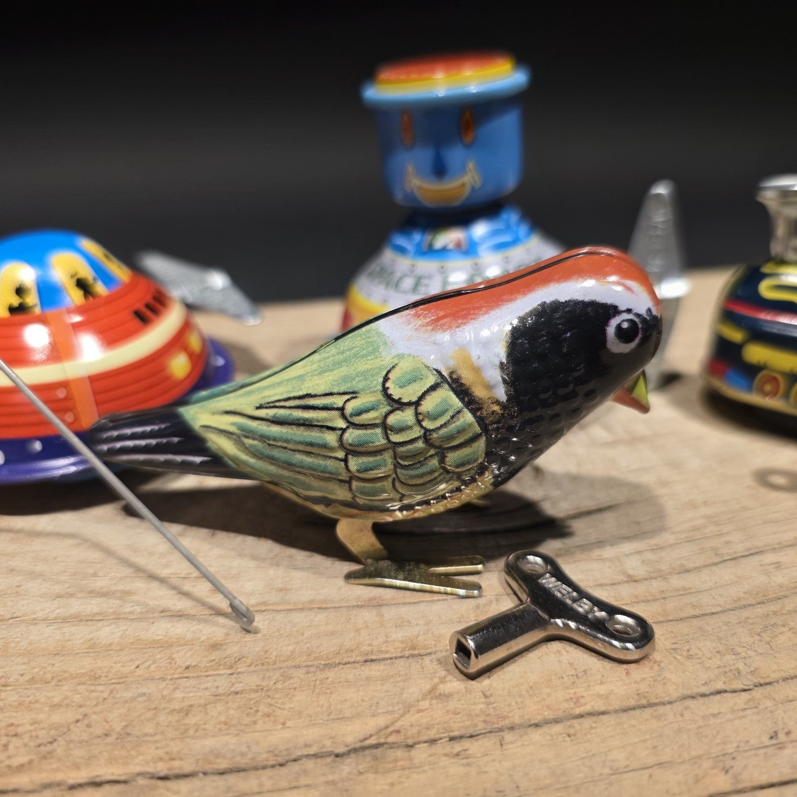 Vintage Tin Litho Wind-Up 5 Toy  Lot – Robot UFO Bird Train Cricket