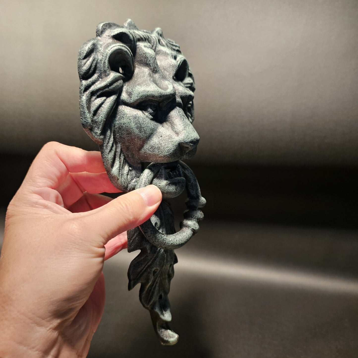 Antique Vintage Style Cast Verdi Green Iron Lion Door Knocker w Hook