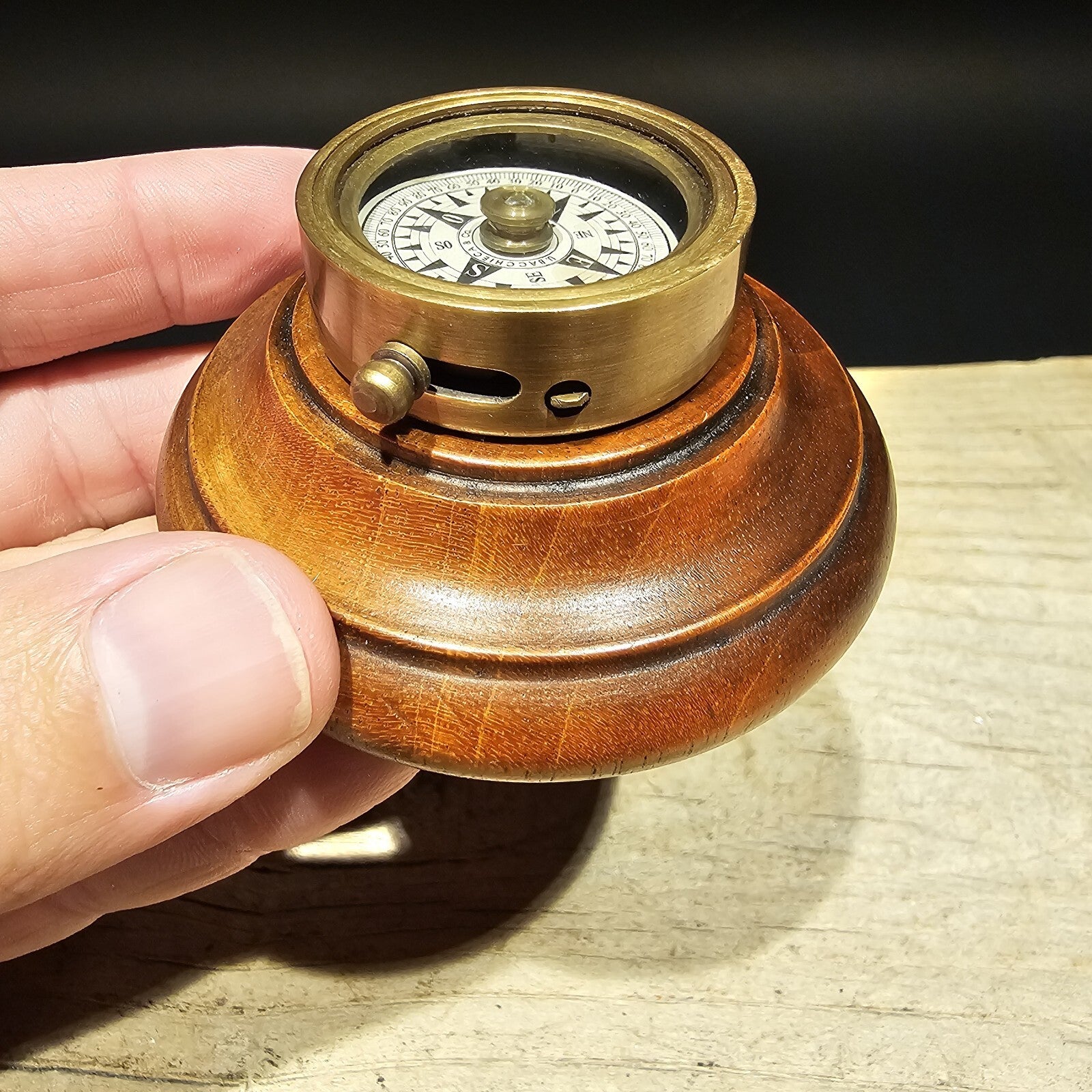 Antique Style Turned Mahagony Wood and Brass Compass
