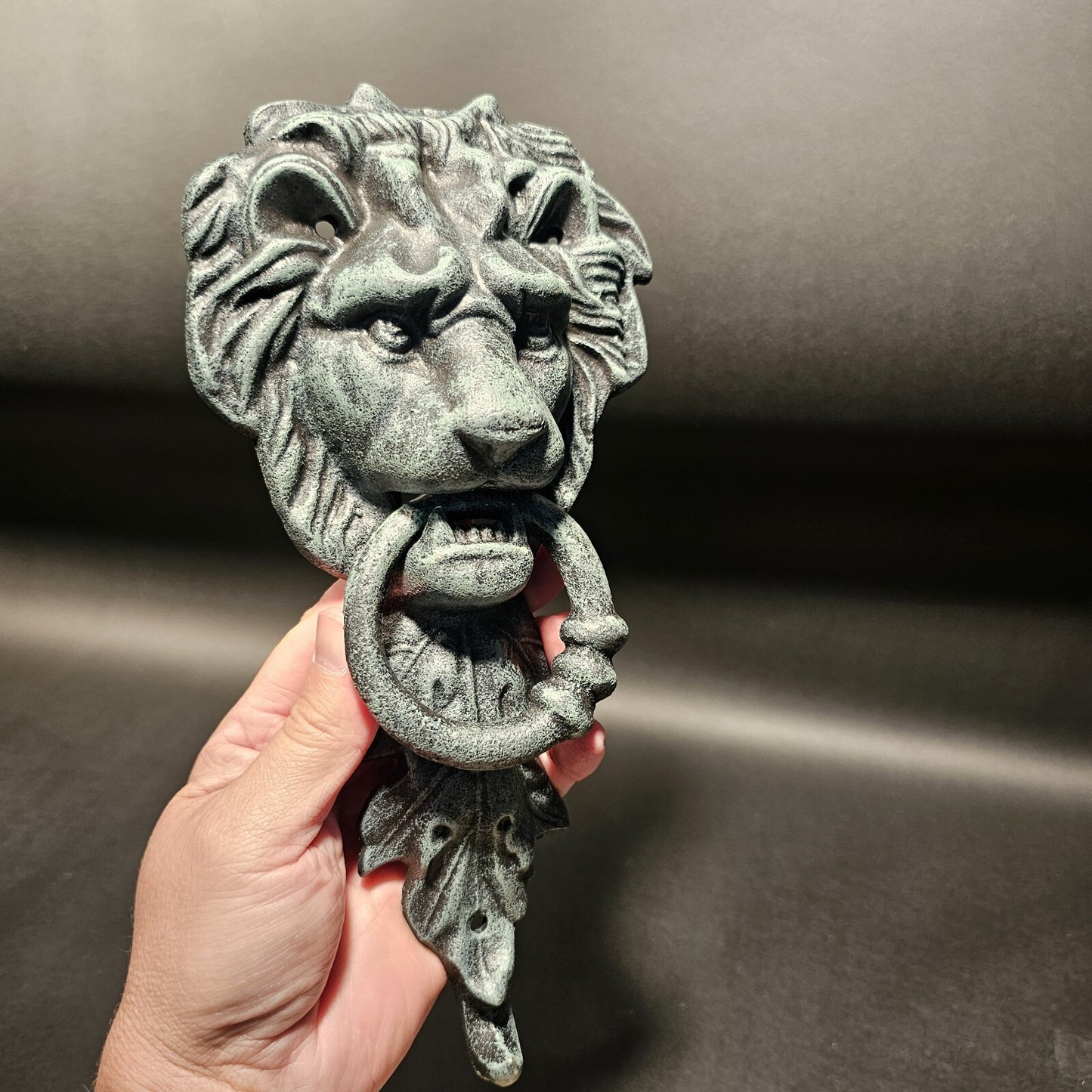 Antique Vintage Style Cast Verdi Green Iron Lion Door Knocker w Hook