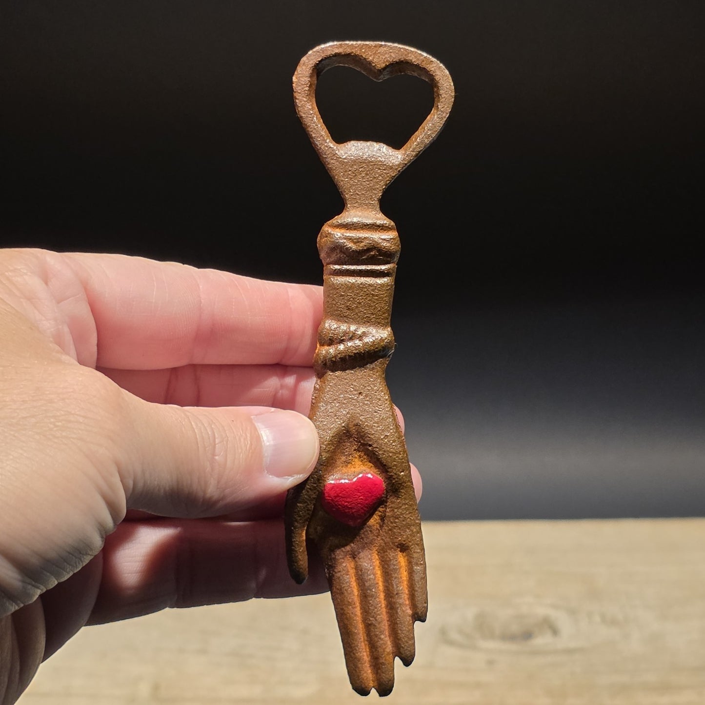 5 1/2" Cast Iron Heart in Hand Odd Fellows Bottle Opener