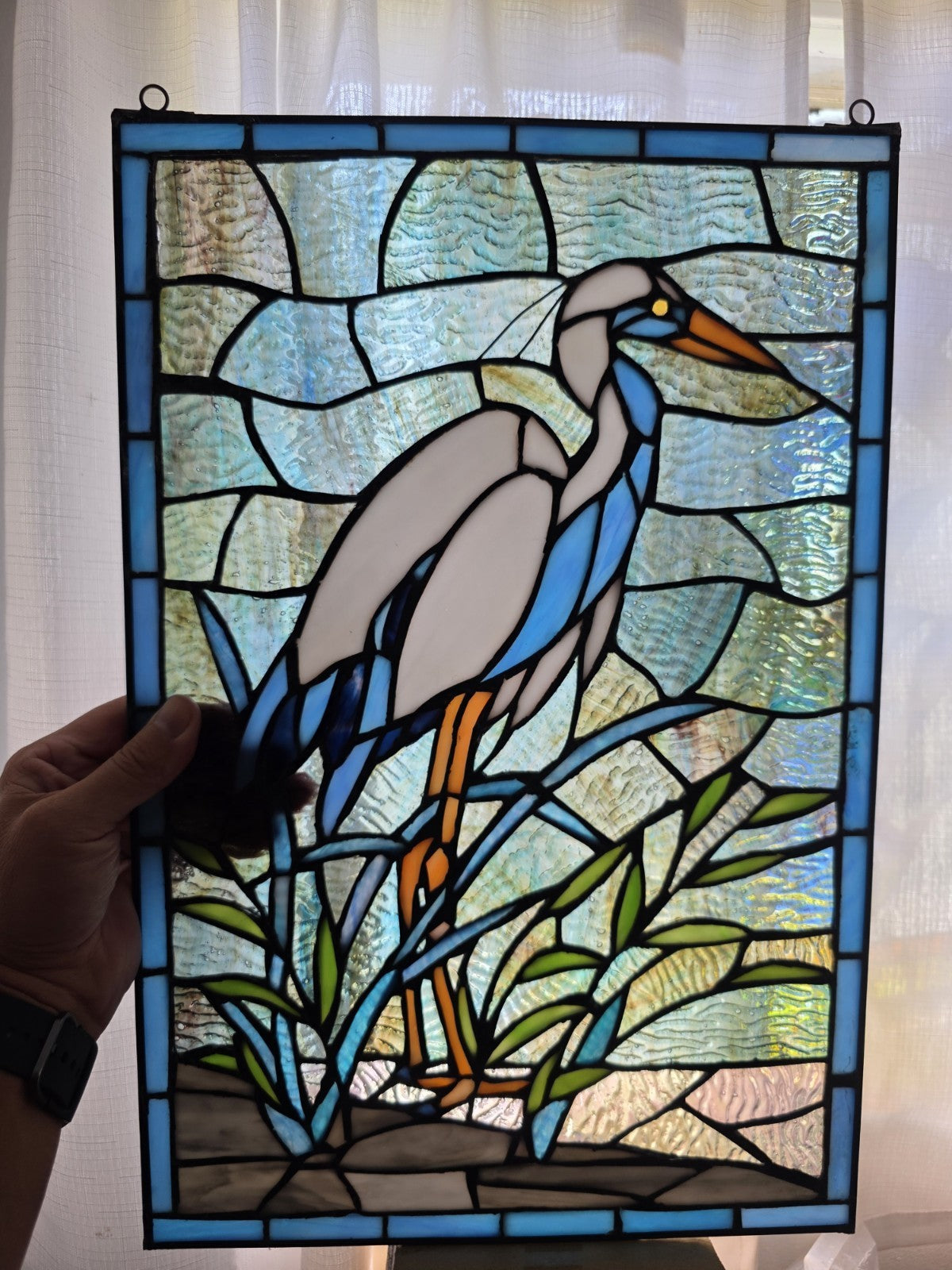 18"  White & Blue Crane Stained Glass Window Panel