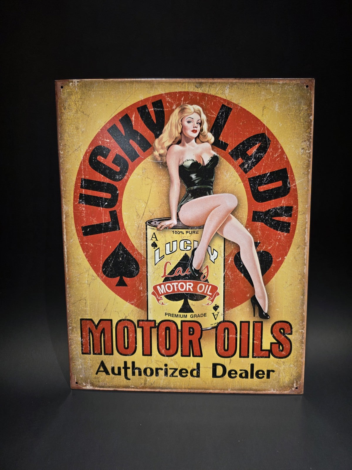 Lucky Lady Motor Oil Vintage-Style Tin Sign Pin-Up Gas & Garage Advertisement