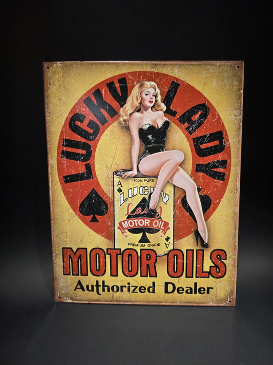 Lucky Lady Motor Oil Vintage-Style Tin Sign Pin-Up Gas & Garage Advertisement