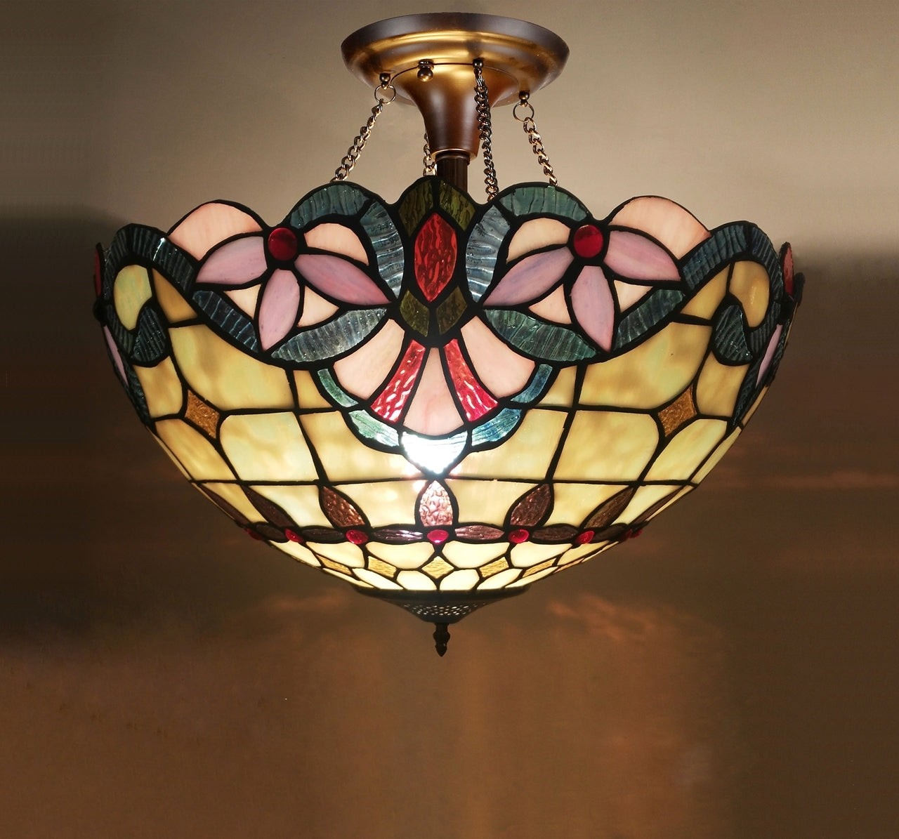 15.7" Antique Style Stained Glass Semi Flush Ceiling Uplight